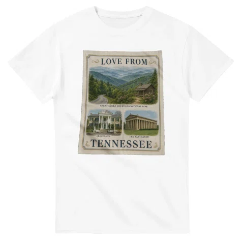 Framed scenic design for Tennessee, with several local views, a decorative border and LOVE FROM lettering.