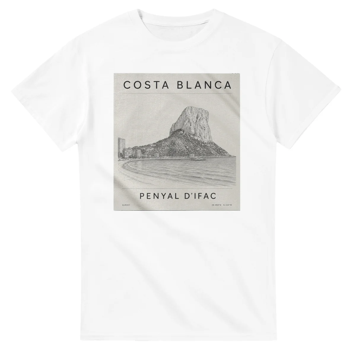 Fine-line engraving-style drawing for Costa Blanca, with a landmark caption and small coordinate text.