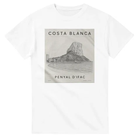 Fine-line engraving-style drawing for Costa Blanca, with a landmark caption and small coordinate text.