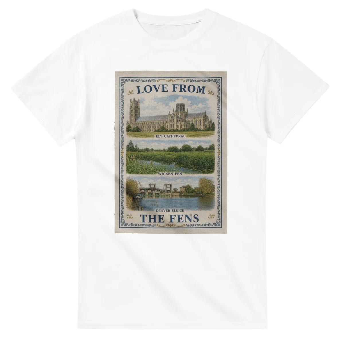 Framed scenic design for The Fens, with several local views, a decorative border and LOVE FROM lettering.