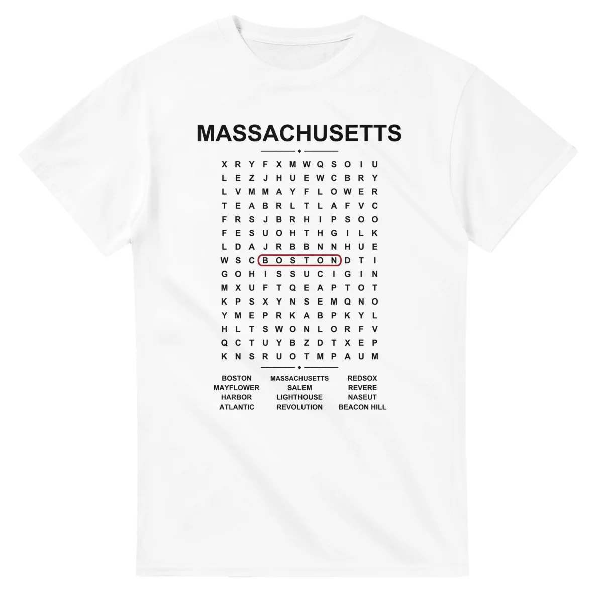 Word-search sheet for Massachusetts, with a large place-name heading, a letter grid, a local answer list, and a red highlighted example word.