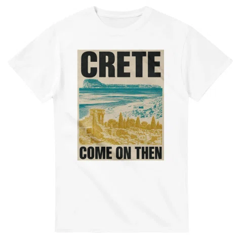 Two-colour scenic illustration for Crete, with the place name and COME ON THEN lettering.