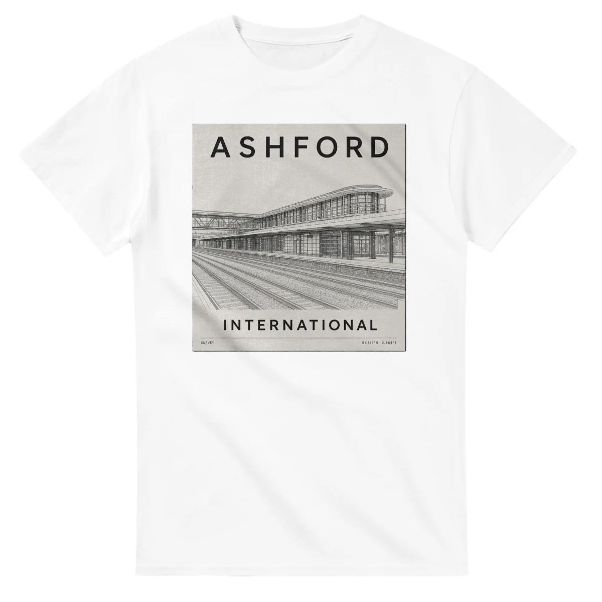 Fine-line engraving-style drawing for Ashford, with a landmark caption and small coordinate text.