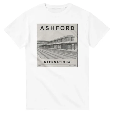 Fine-line engraving-style drawing for Ashford, with a landmark caption and small coordinate text.
