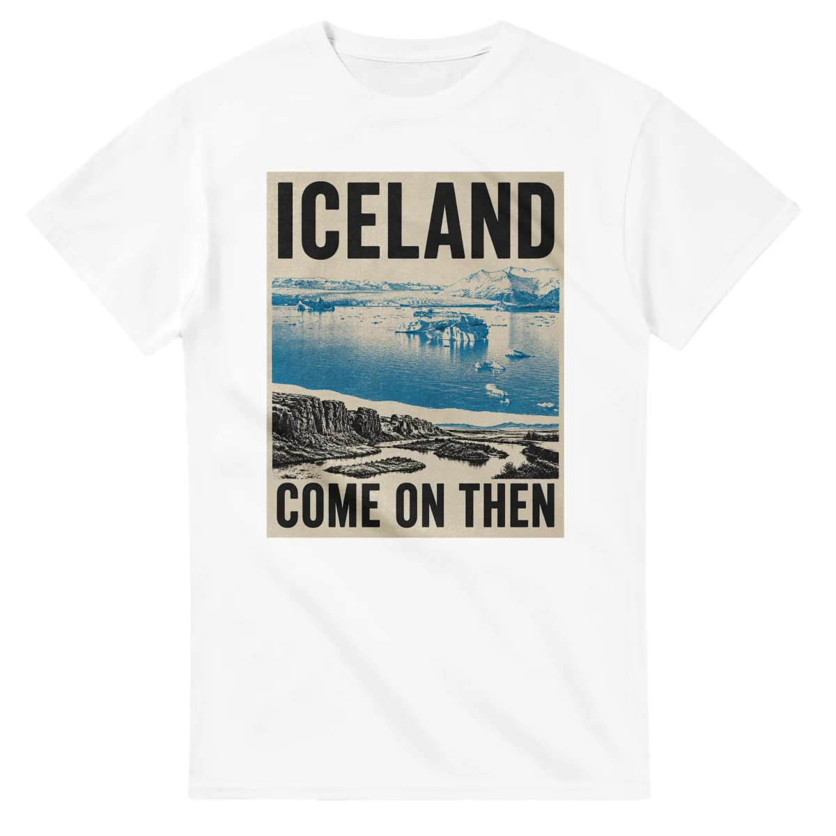 Two-colour scenic illustration for Iceland, with the place name and COME ON THEN lettering.