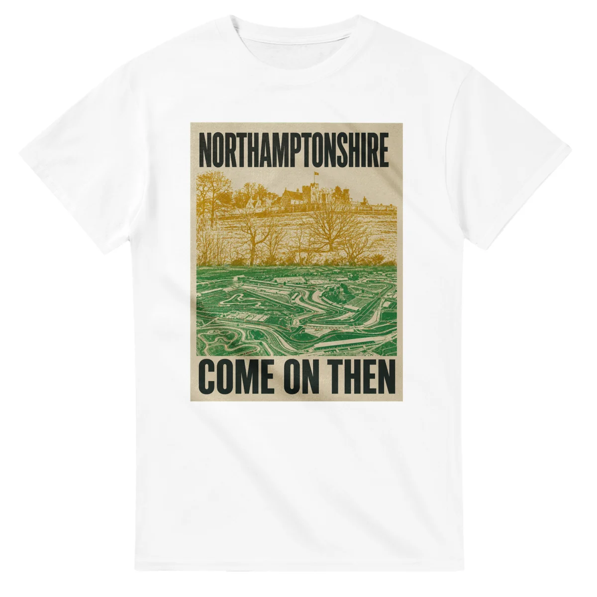 Two-colour scenic illustration for Northamptonshire, with the place name and COME ON THEN lettering.