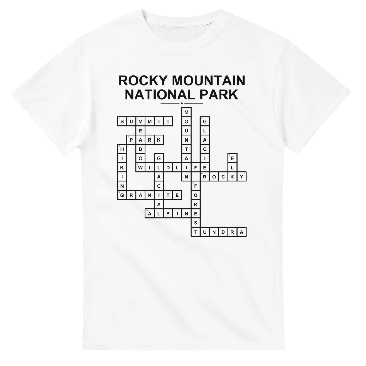 Monochrome crossword sheet for Rocky Mountain National Park, with a large place-name heading, a letter grid, and numbered across and down clues.