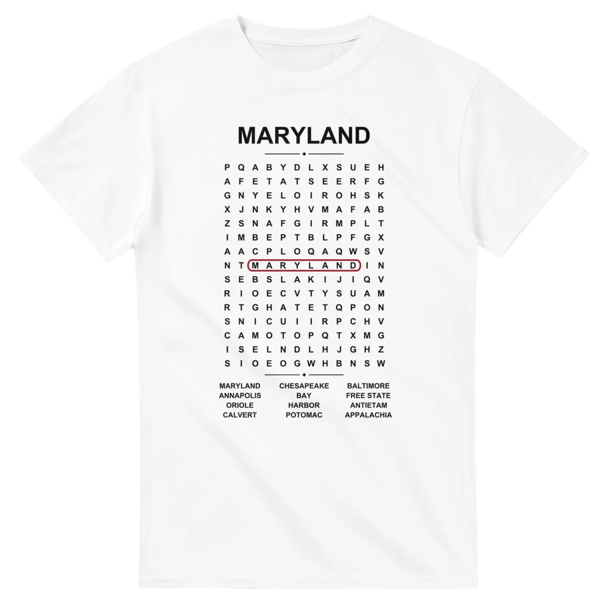 Word-search sheet for Maryland, with a large place-name heading, a letter grid, a local answer list, and a red highlighted example word.