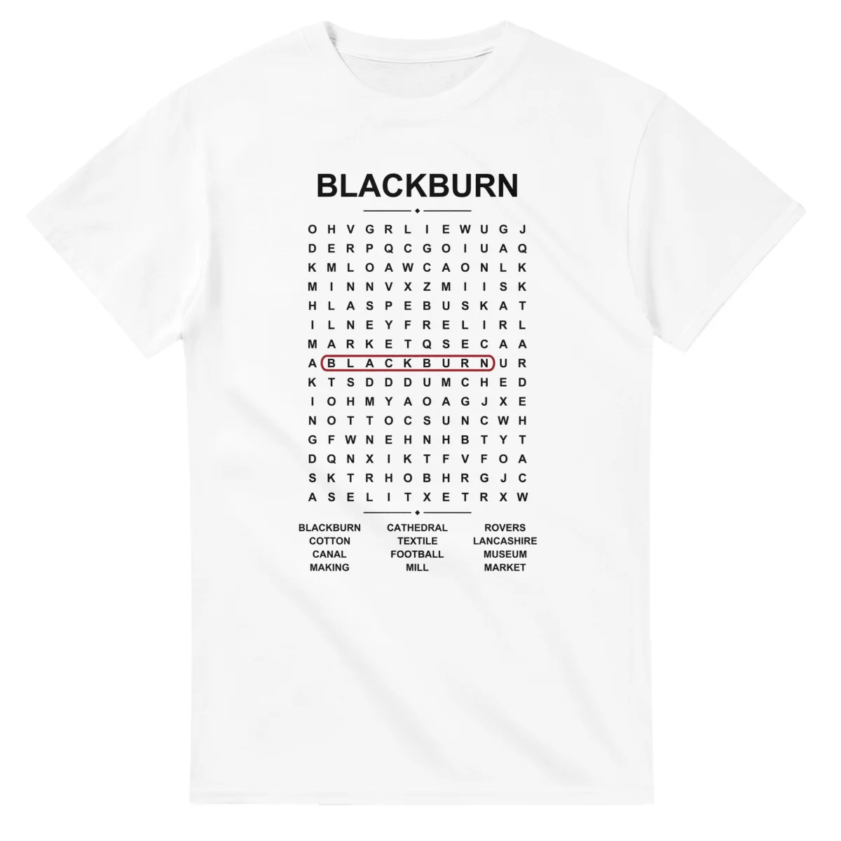 Word-search sheet for Blackburn, with a large place-name heading, a letter grid, a local answer list, and a red highlighted example word.