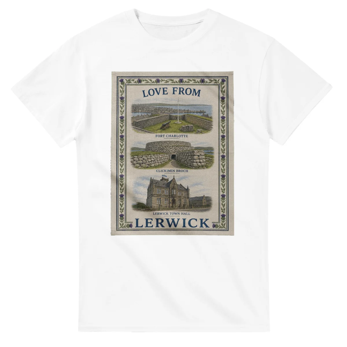 Framed scenic design for Lerwick, with several local views, a decorative border and LOVE FROM lettering.