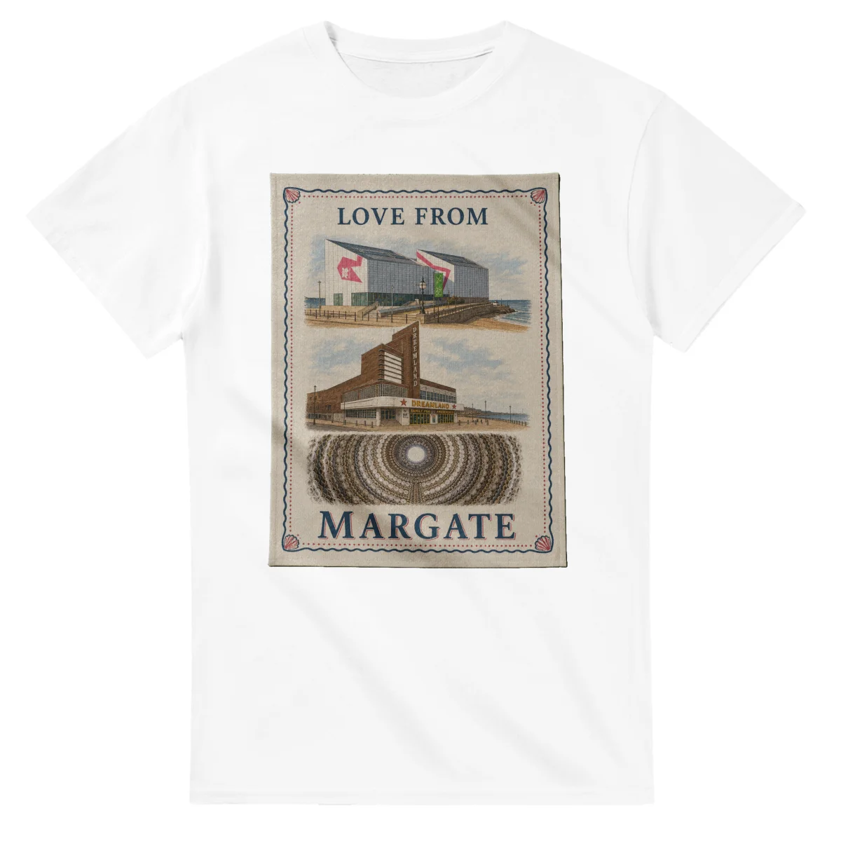 Framed scenic design for Margate, with several local views, a decorative border and LOVE FROM lettering.