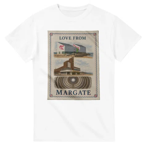 Framed scenic design for Margate, with several local views, a decorative border and LOVE FROM lettering.