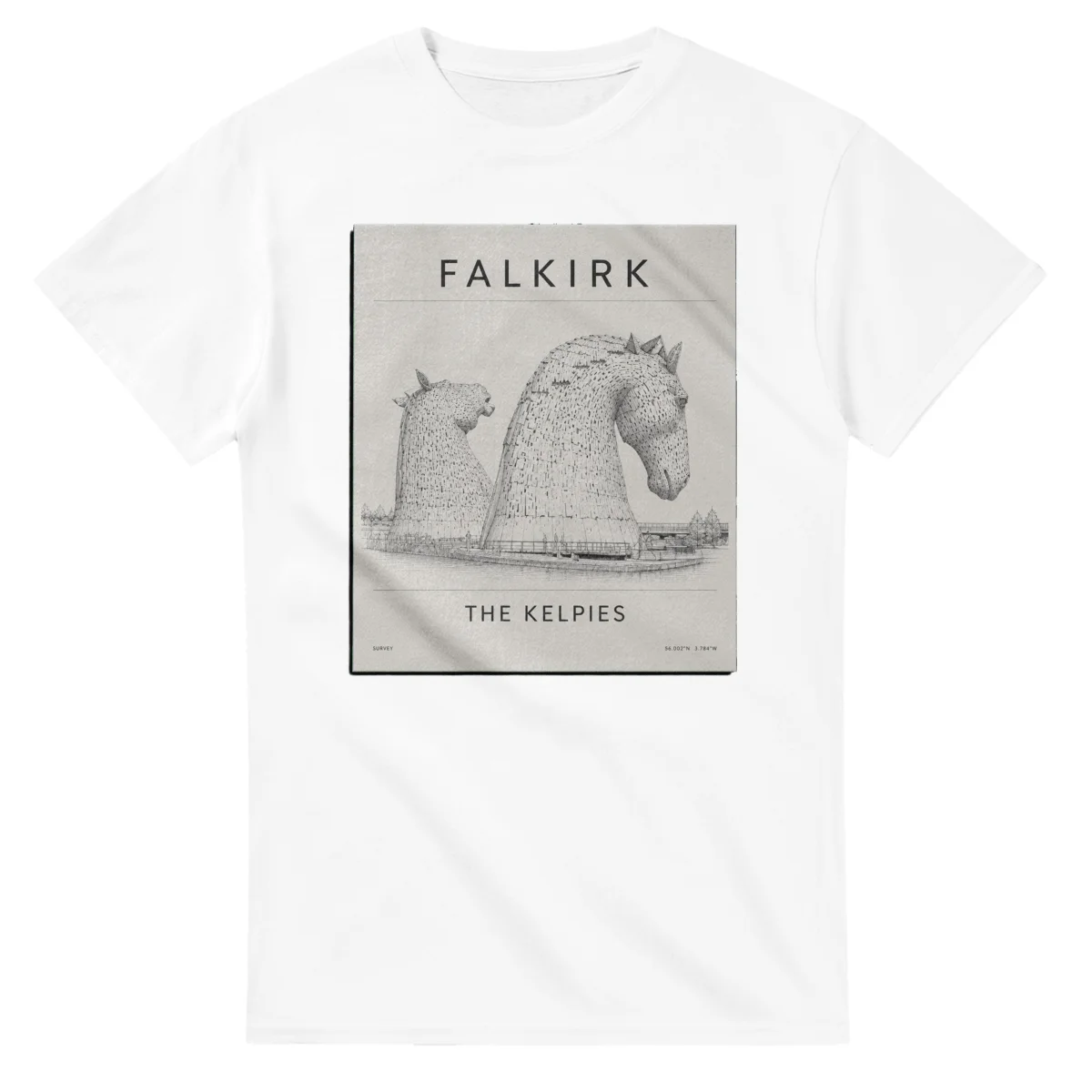 Fine-line engraving-style drawing for Falkirk, with a landmark caption and small coordinate text.