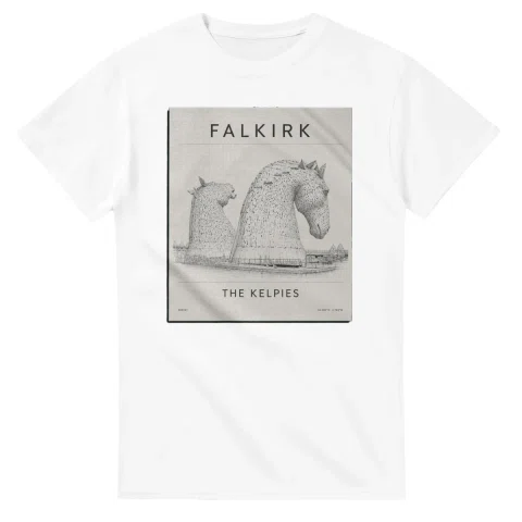 Fine-line engraving-style drawing for Falkirk, with a landmark caption and small coordinate text.