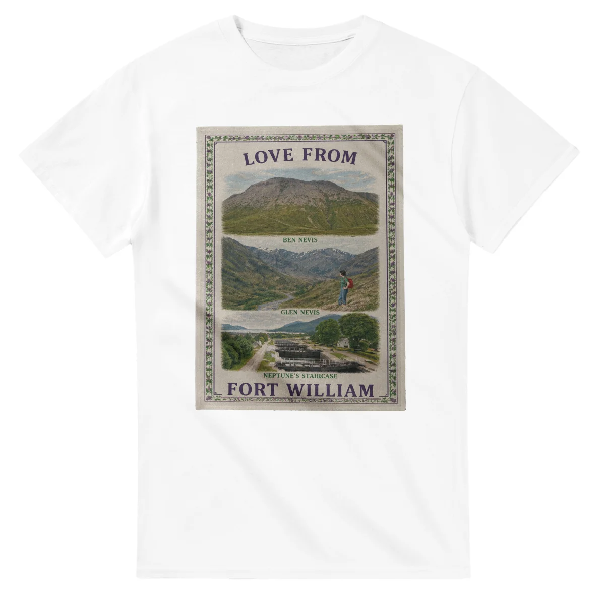 Framed scenic design for Fort William, with several local views, a decorative border and LOVE FROM lettering.