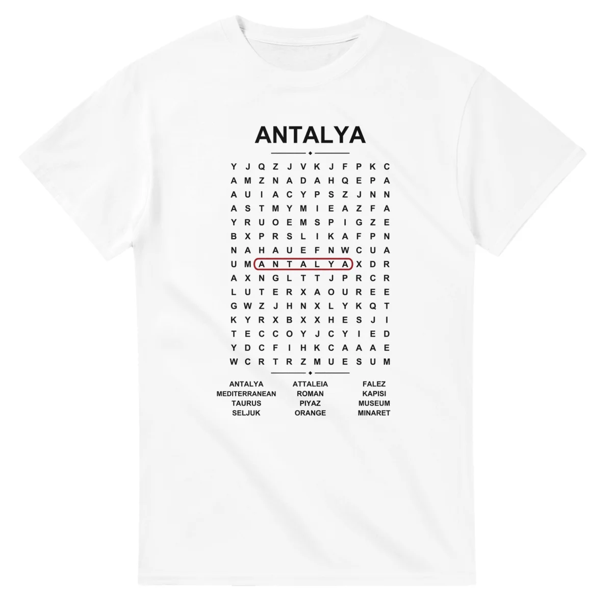 Word-search sheet for Antalya, with a large place-name heading, a letter grid, a local answer list, and a red highlighted example word.
