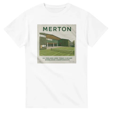 Fine-line engraving-style drawing for London Borough of Merton, with a landmark caption and small coordinate text.