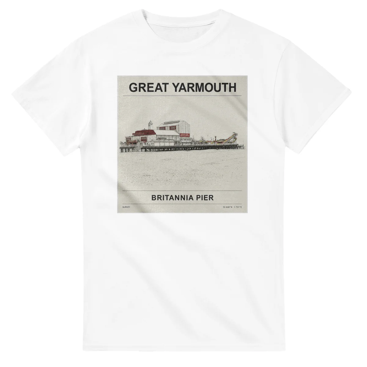 Fine-line engraving-style drawing for Great Yarmouth, with a landmark caption and small coordinate text.