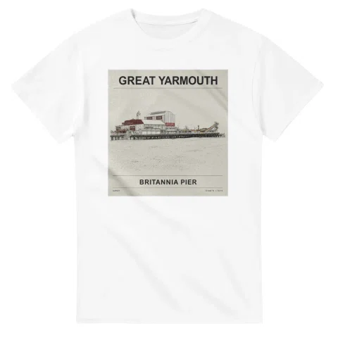 Fine-line engraving-style drawing for Great Yarmouth, with a landmark caption and small coordinate text.