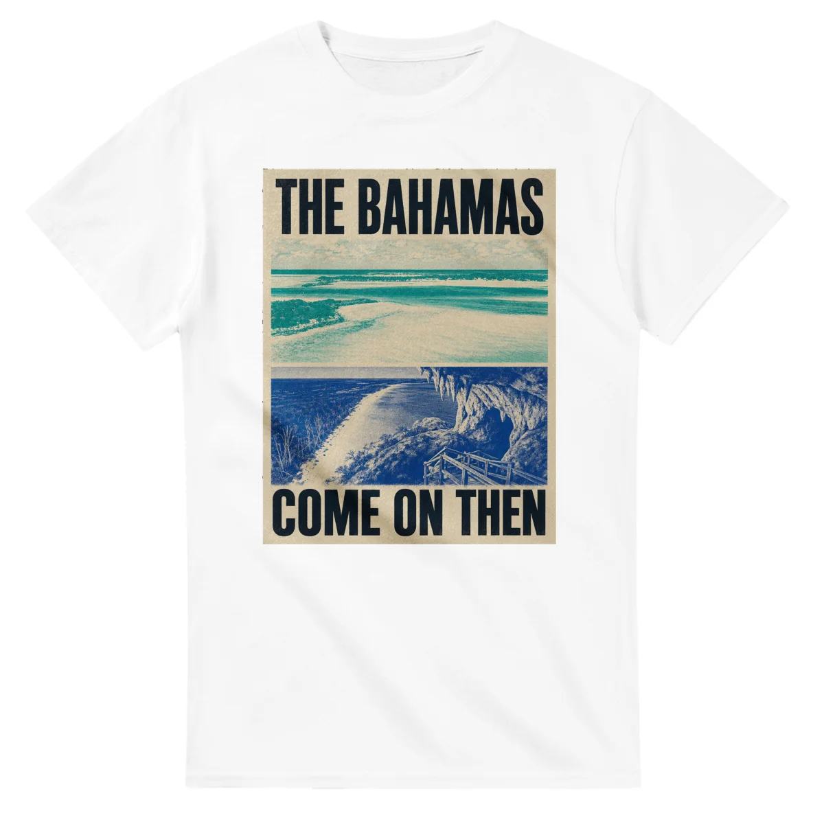 Two-colour scenic illustration for The Bahamas, with the place name and COME ON THEN lettering.