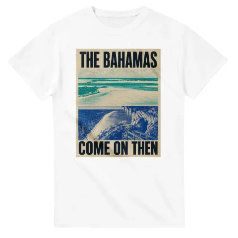 Two-colour scenic illustration for The Bahamas, with the place name and COME ON THEN lettering.