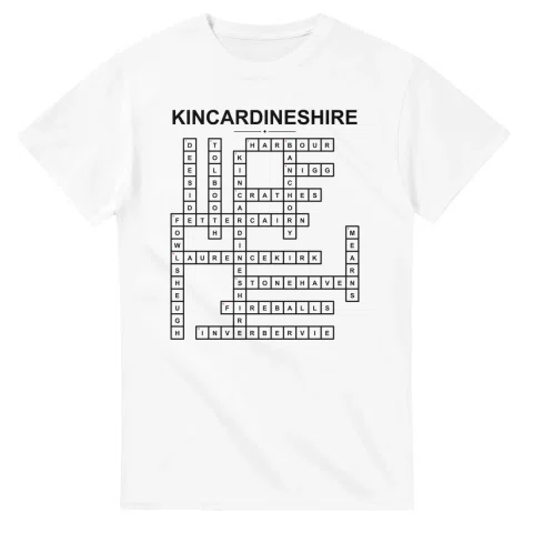 Monochrome crossword sheet for Kincardineshire, with a large place-name heading, a letter grid, and numbered across and down clues.