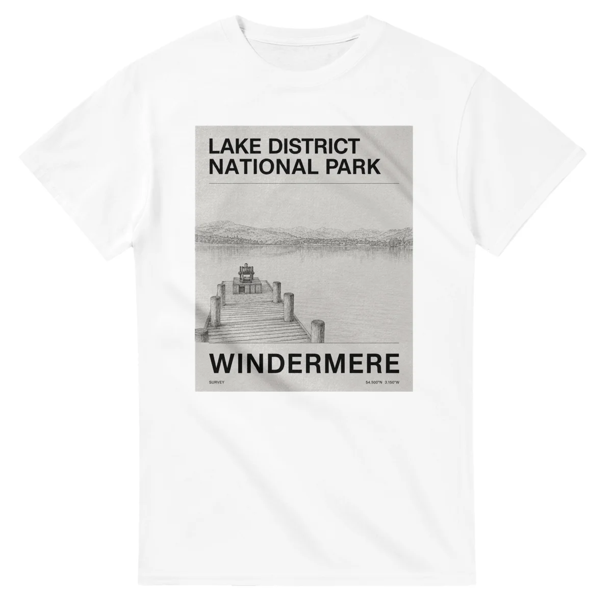Fine-line engraving-style drawing for Lake District National Park, with a landmark caption and small coordinate text.