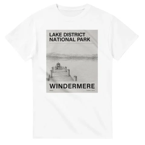Fine-line engraving-style drawing for Lake District National Park, with a landmark caption and small coordinate text.
