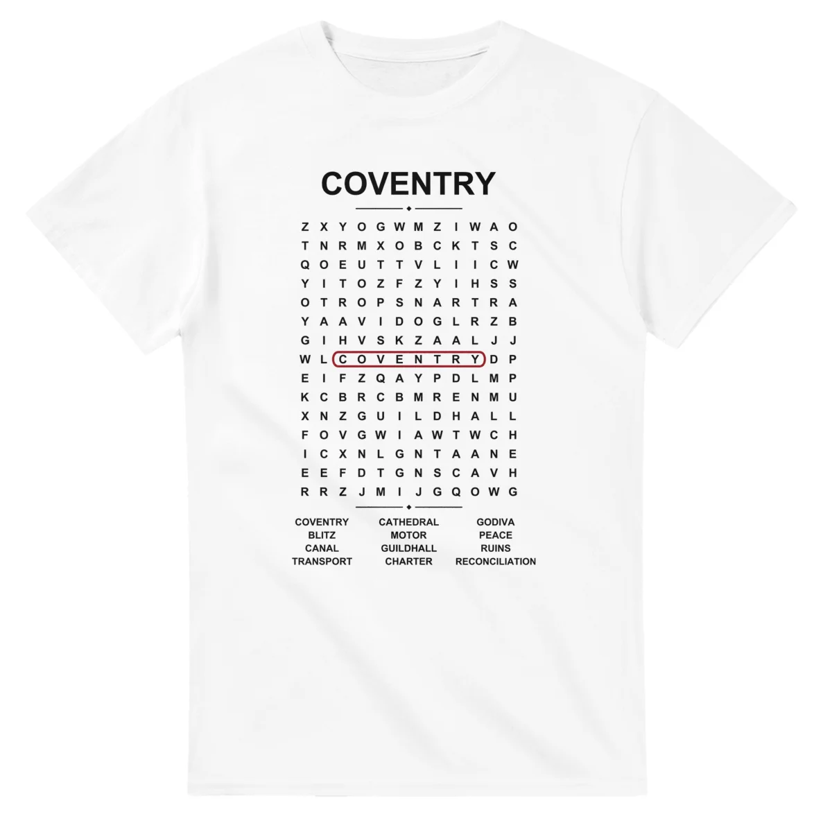 Word-search sheet for Coventry, with a large place-name heading, a letter grid, a local answer list, and a red highlighted example word.
