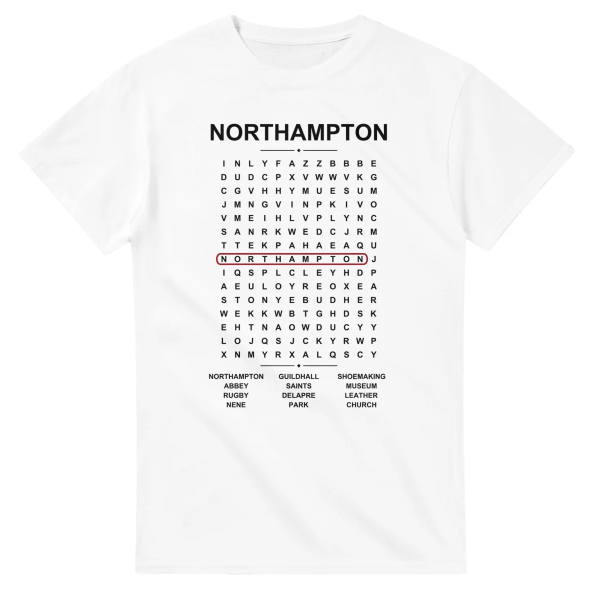 Word-search sheet for Northampton, with a large place-name heading, a letter grid, a local answer list, and a red highlighted example word.