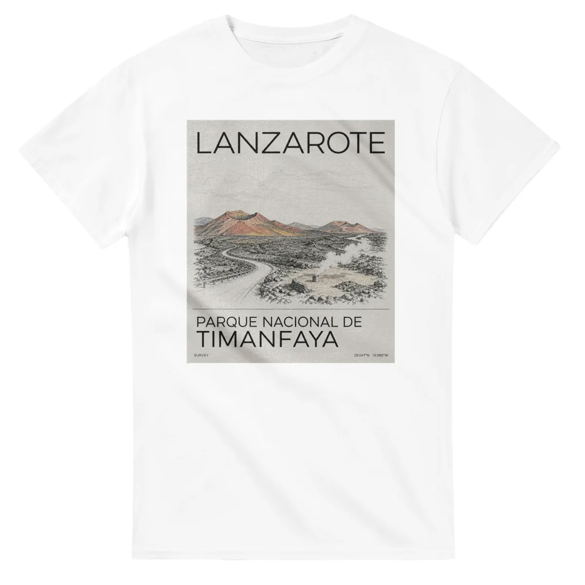 Fine-line engraving-style drawing for Lanzarote, with a landmark caption and small coordinate text.