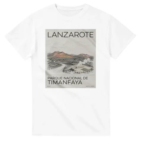 Fine-line engraving-style drawing for Lanzarote, with a landmark caption and small coordinate text.