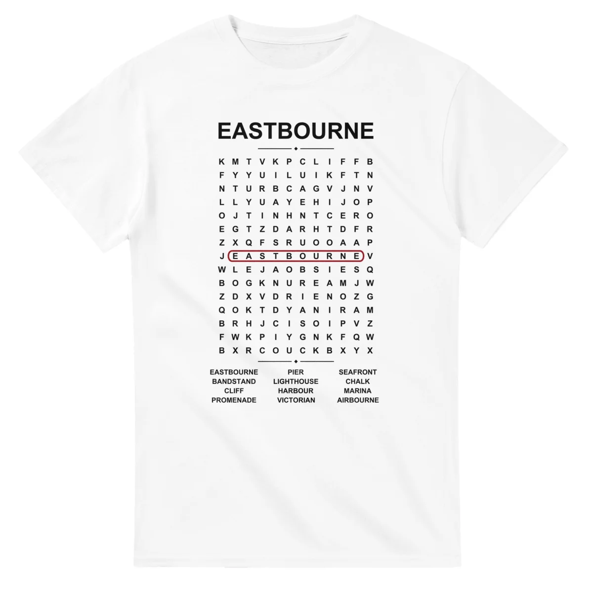 Word-search sheet for Eastbourne, with a large place-name heading, a letter grid, a local answer list, and a red highlighted example word.