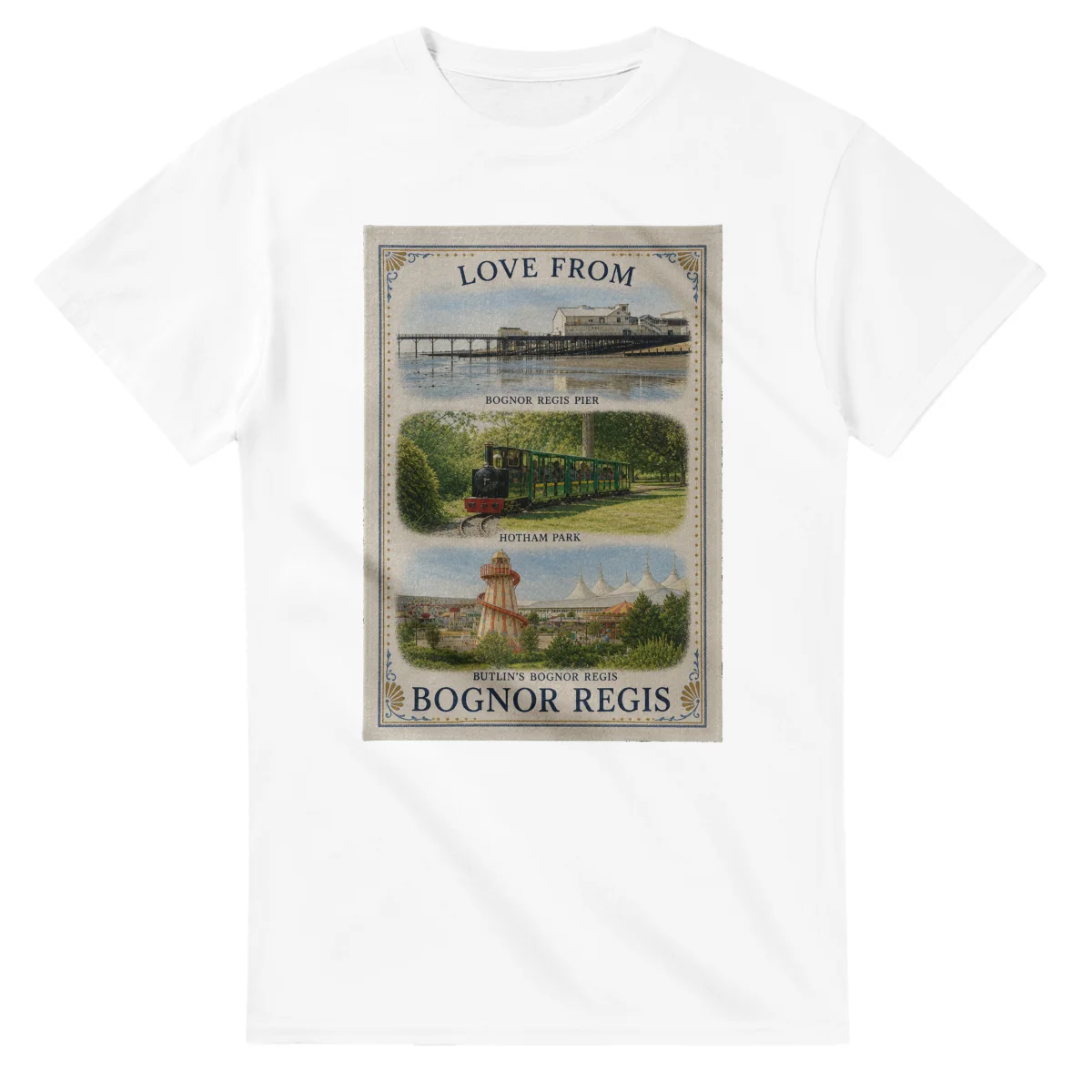 Framed scenic design for Bognor Regis, with several local views, a decorative border and LOVE FROM lettering.