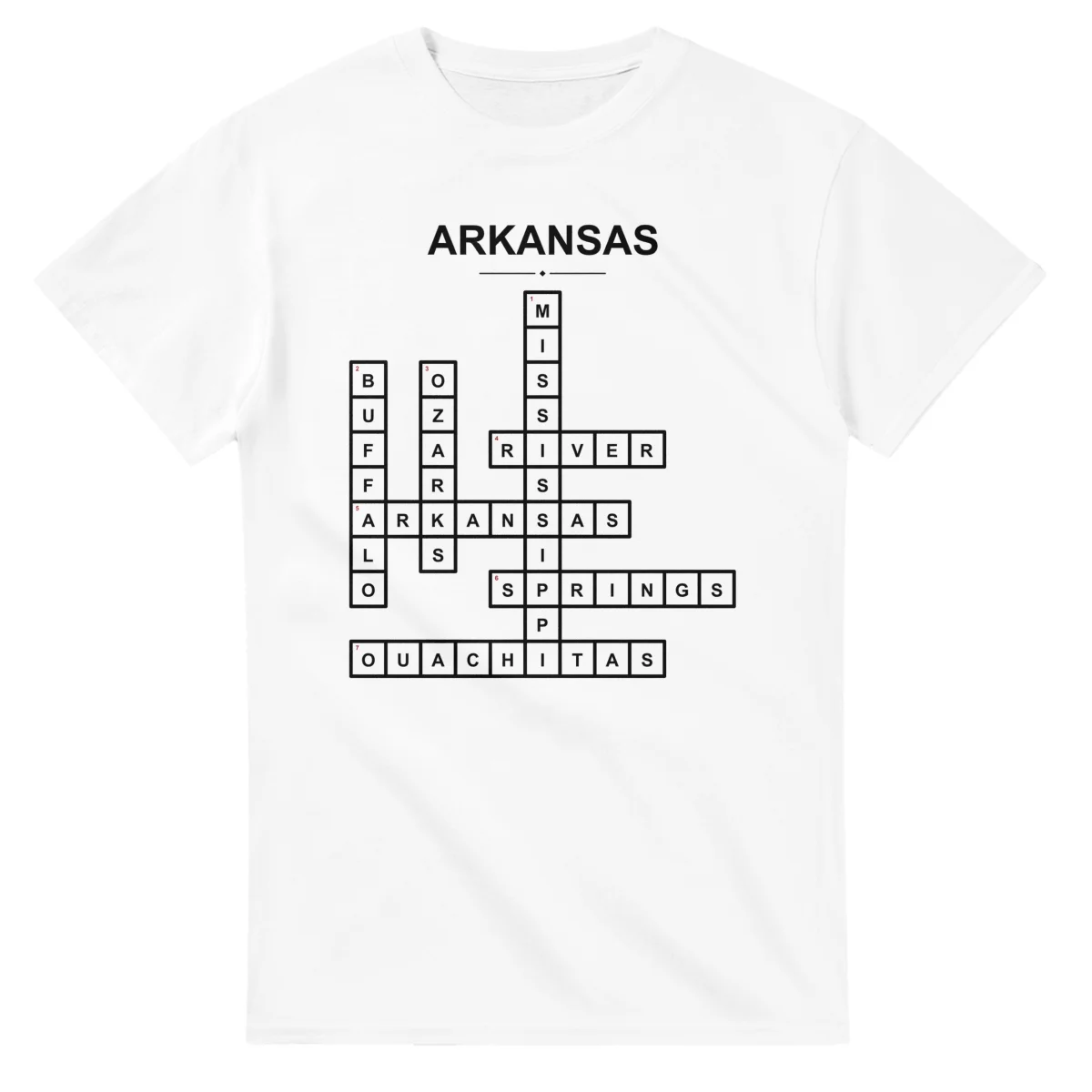 Monochrome crossword sheet for Arkansas, with a large place-name heading, a letter grid, and numbered across and down clues.