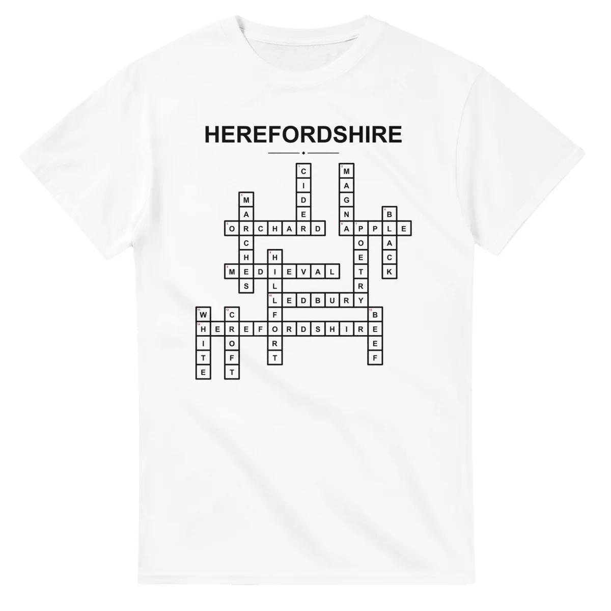Monochrome crossword sheet for Herefordshire, with a large place-name heading, a letter grid, and numbered across and down clues.