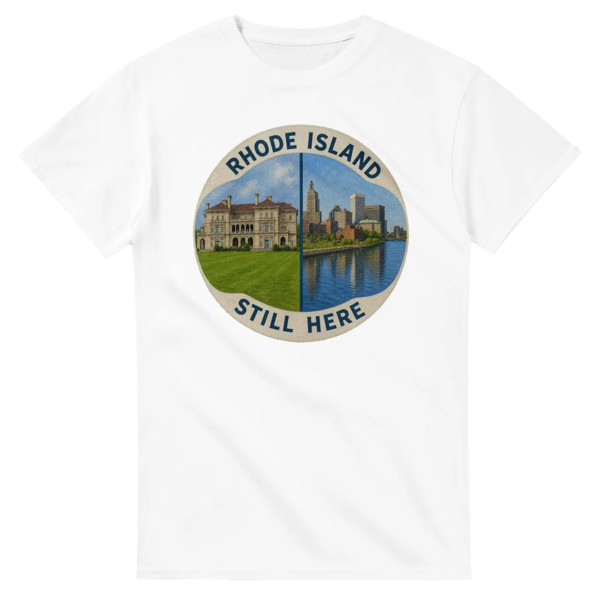 Painted, panelled scenic illustration for Rhode Island, with paired local scenes and the place name in lettering.