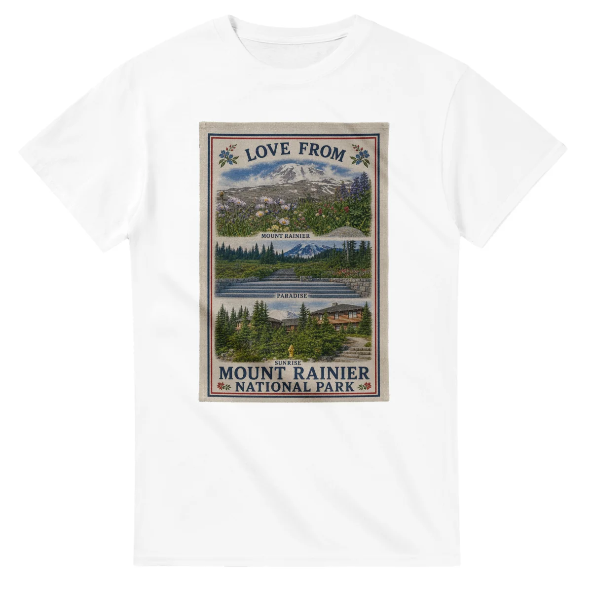 Framed scenic design for Mount Rainier National Park, with several local views, a decorative border and LOVE FROM lettering.