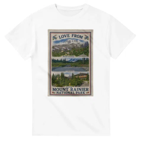 Framed scenic design for Mount Rainier National Park, with several local views, a decorative border and LOVE FROM lettering.