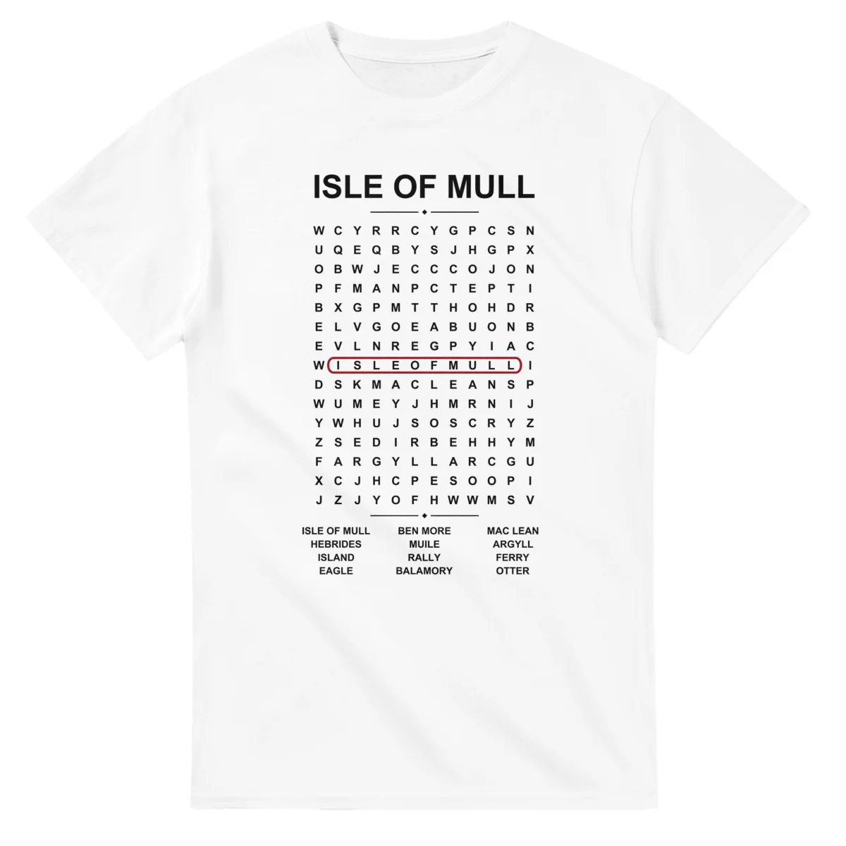 Word-search sheet for Isle of Mull, with a large place-name heading, a letter grid, a local answer list, and a red highlighted example word.