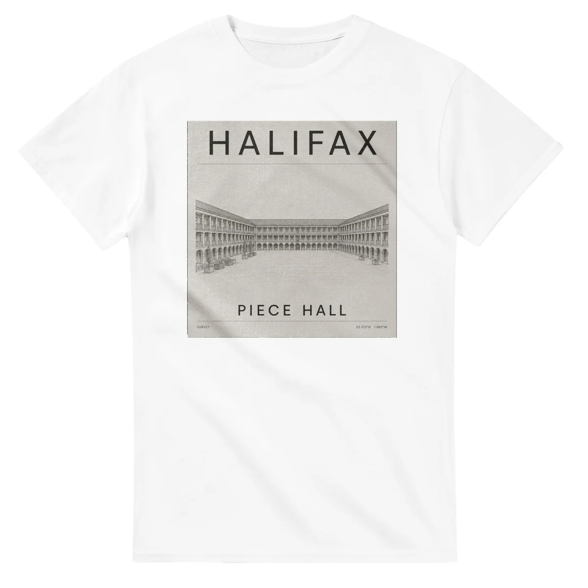 Fine-line engraving-style drawing for Halifax, with a landmark caption and small coordinate text.