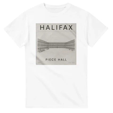 Fine-line engraving-style drawing for Halifax, with a landmark caption and small coordinate text.