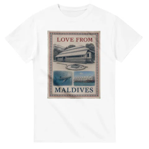 Framed scenic design for Maldives, with several local views, a decorative border and LOVE FROM lettering.