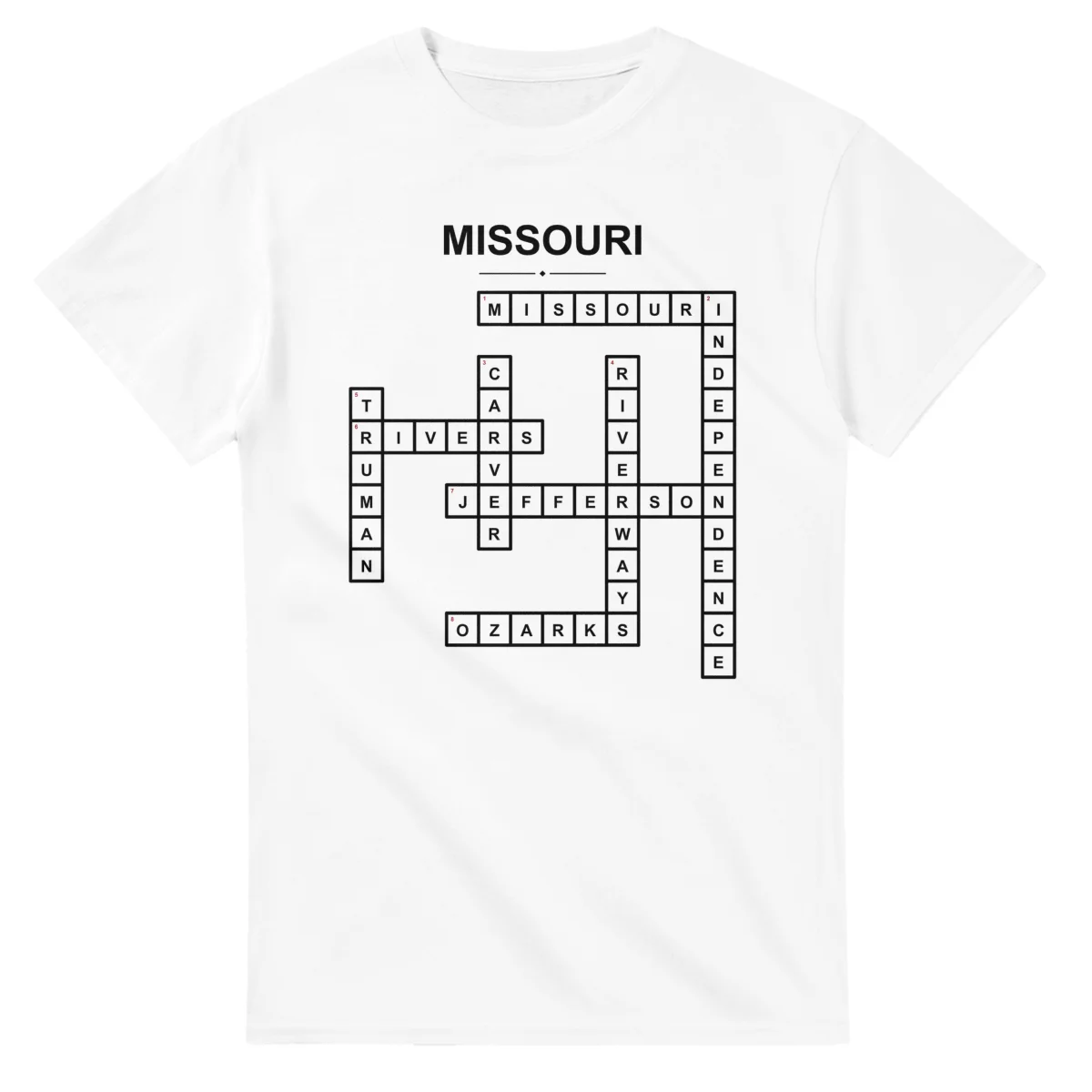 Monochrome crossword sheet for Missouri, with a large place-name heading, a letter grid, and numbered across and down clues.