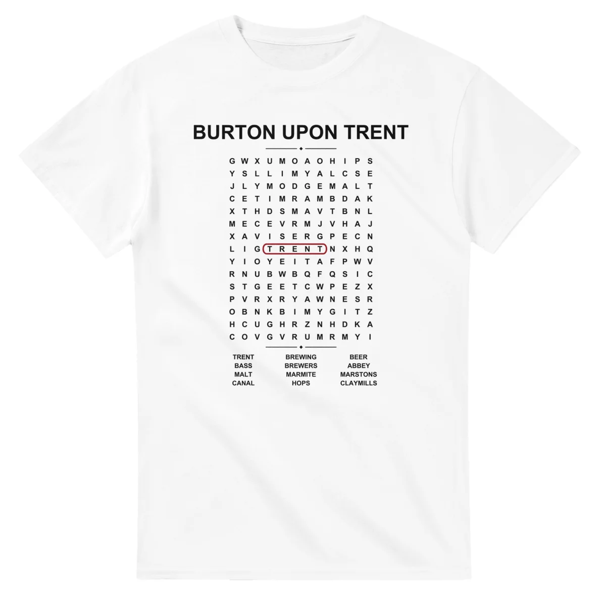 Word-search sheet for Burton upon Trent, with a large place-name heading, a letter grid, a local answer list, and a red highlighted example word.