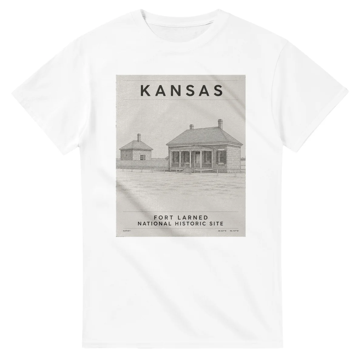 Fine-line engraving-style drawing for Kansas, with a landmark caption and small coordinate text.