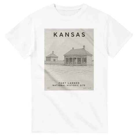 Fine-line engraving-style drawing for Kansas, with a landmark caption and small coordinate text.