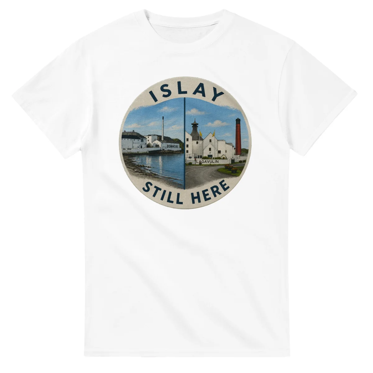 Painted, panelled scenic illustration for Islay, with paired local scenes and the place name in lettering.