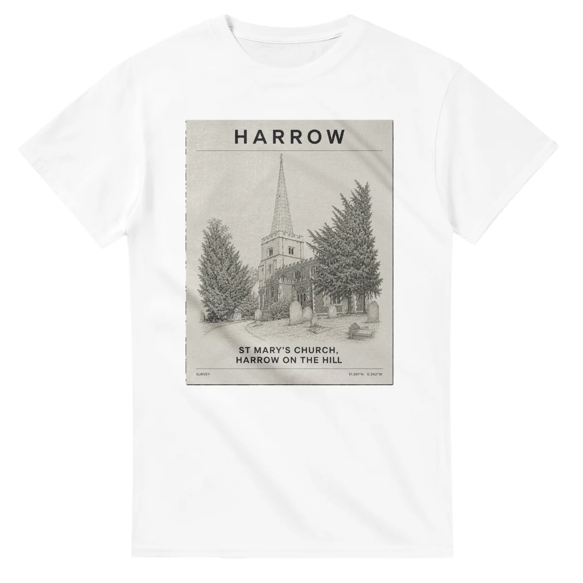 Fine-line engraving-style drawing for London Borough of Harrow, with a landmark caption and small coordinate text.