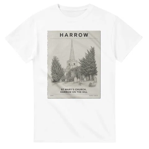 Fine-line engraving-style drawing for London Borough of Harrow, with a landmark caption and small coordinate text.